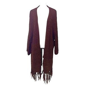 The Hangar Plum Fringed Boho Knit Cardigan Sweater - One Size